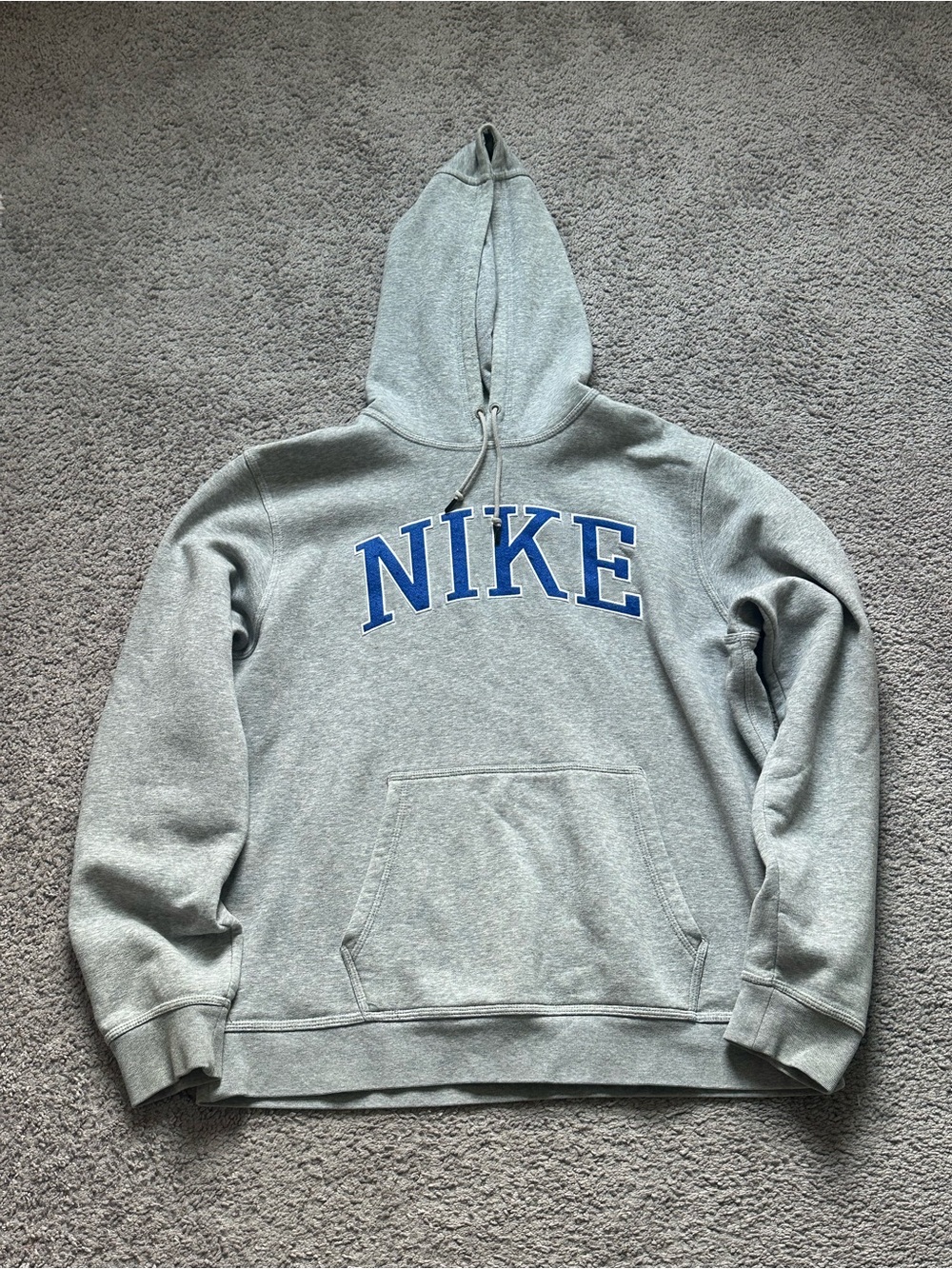 Vintage Nike Light Gray Spell out Hoodie with Blue Embroidered Nike Arch Logo